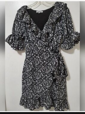 Sabo Black Floral Ruffle Sleeve Wrap Dress